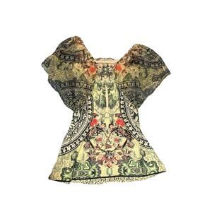 One World Y2K Boho Medallion & Floral Sheer Wide Sleeve Dress Size Small Indie